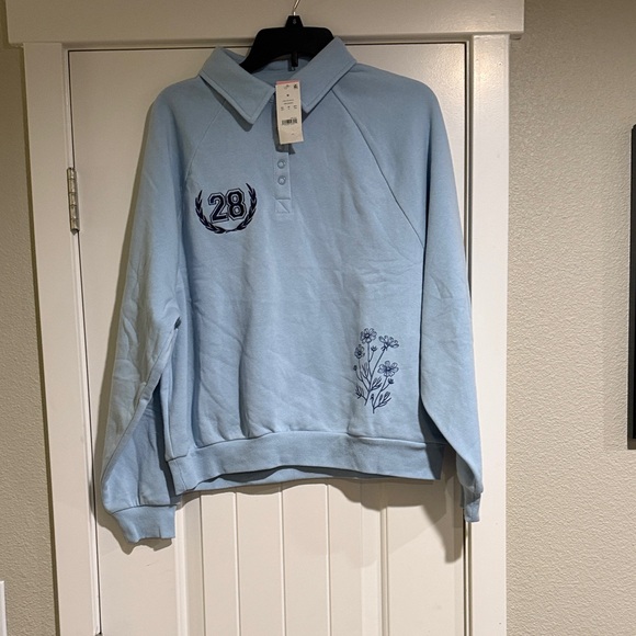 Zoe + Liv Tops - Light Blue Collared Pullover Sweatshirt with Embroidered Details